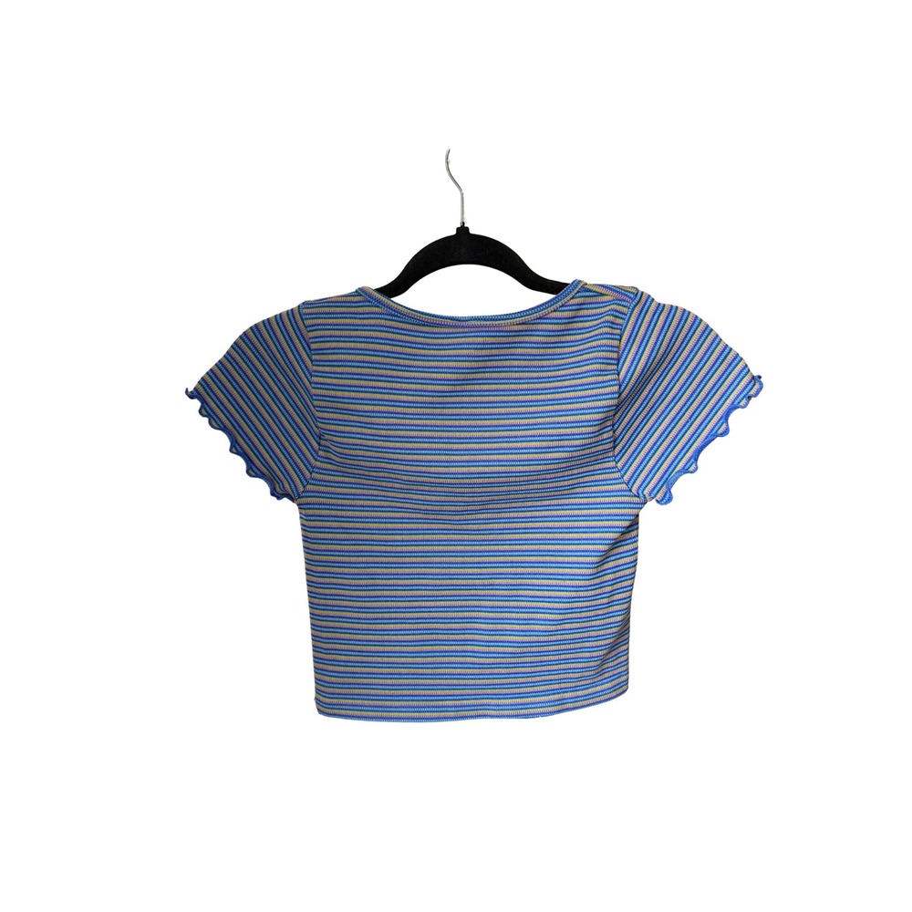 Bella Seamless Striped Ribbed Cropped Top Blue Green Short Sleeve Button Front - Picture 3 of 7
